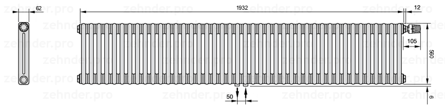 Схема (чертеж) Радиатор Zehnder Charleston 2056/42 №V008 Белый глянцевый RAL 9016